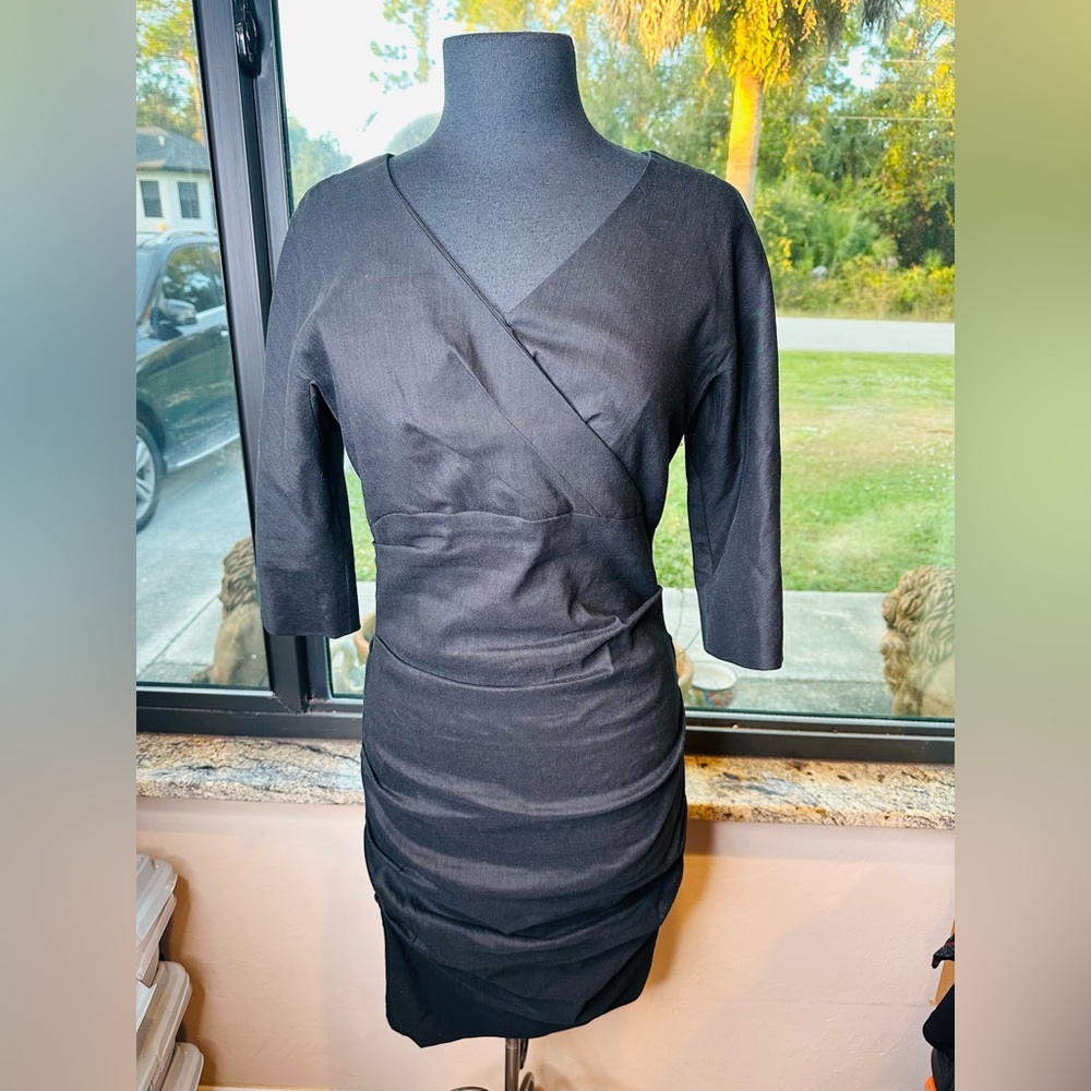 Sara Campbell Black V-neck Wrap Ruched Linen Blend Dress Size 8